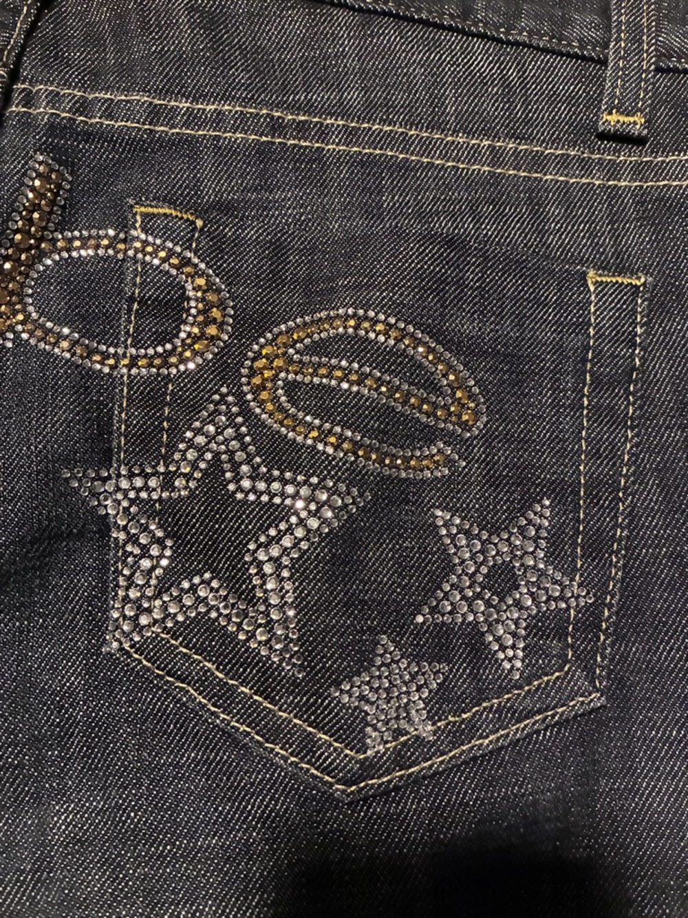Bebe brand, size 31, dark blue jeans, sparkly bebe and stars on backside - Picture 8 of 13